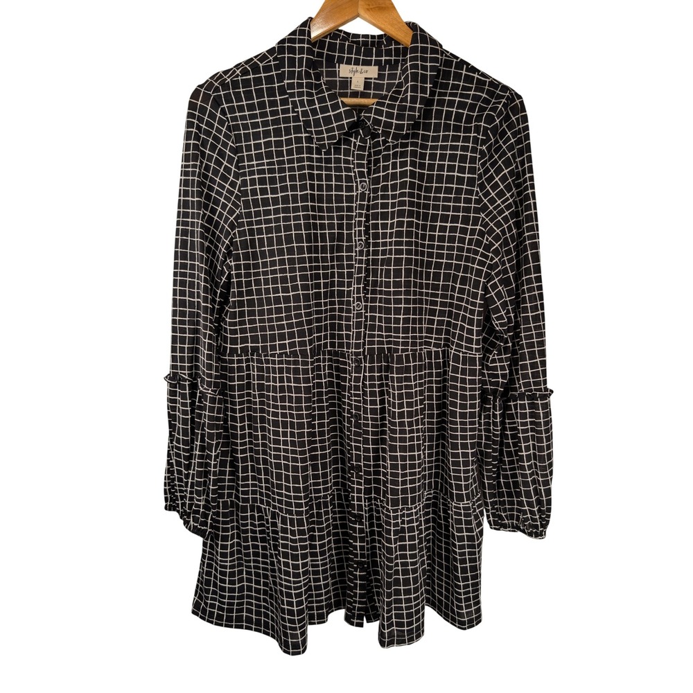 Style & Co Womens Black White Grid Print Tiered Button Down Tunic Top Size L